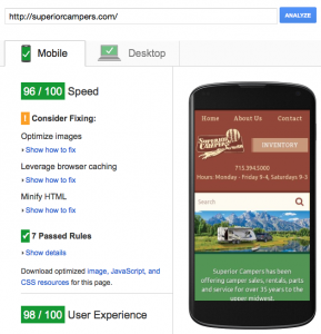 Screenshot of PageSpeed score of 96/100 for SuperiorCampers.com